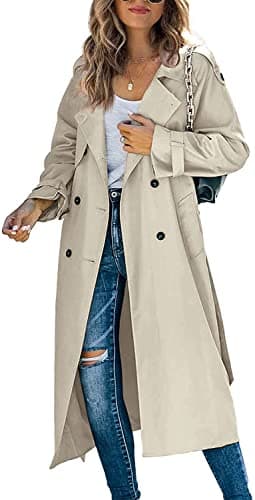Image of Loalirando Women Casual Long Trench Windproof Coat with Belt Solid Colour Double-Breasted Lapel Collar Windbreaker Jacket Spring Autumn Coat S-2XL (Khaki, M)