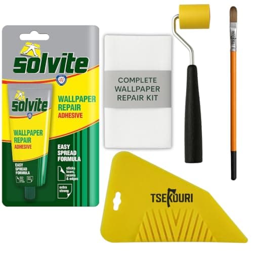Image of Solvite Wallpaper Repair Adhesive Tube (56g) with Foam Seam Roller, Smoother Tool With 0.9cm Brush & Cleaning Cloth – Complete Wallpaper Repair Set by Tsekouri