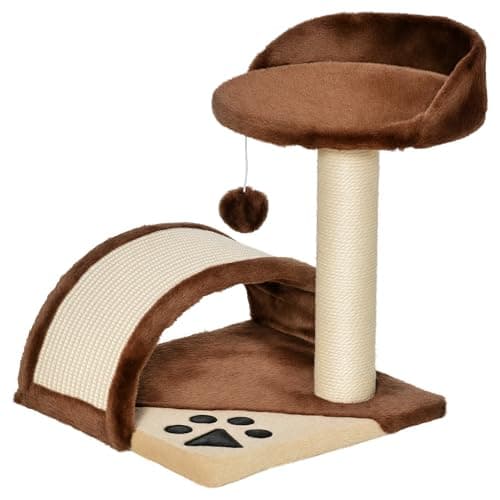 Image of PawHut Cat Tree Scratching Scratcher Post Kitten Activity Centre Climber Hanging Ball Brown