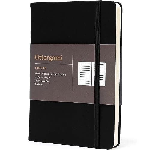 Image of Ottergami A5 Notebook Hardback - The Pro Lined Journal - 144 Pages, Thick 150gsm Paper Note Book - Luxury Vegan Leather Journals for Women & Men - Work & University Essentials (Black)