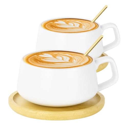 Image of AOOTE Cappuccino Cup & Saucer Set, 2 Pcs Porcelain Espresso Coffee Cup with Saucer and Spoon, 320ML Wide Cappuccino Cups, Ceramic Coffee Cups Set for Tea, Coffees, Espresso, Americano, Latte