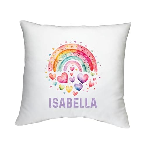 Image of Shopagift Personalised Rainbow Hearts Cushion Cover Any Name Water Colour Bedroom Lounge Accessory - 40cm x 40cm