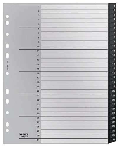 Image of Leitz Index Folder Divider, 1-31 Numerical Tabs, A4, Extra Wide, 90% Recycled Plastic, Eco Friendly, Premium Quality, Recycle Range, 12180095, Black