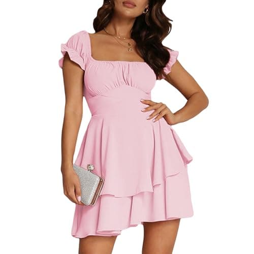Image of Yoisdtxc Women's Cocktail Dresses Puff Short Sleeve Skater Dress Square Neck Waist Tie Chiffon Ruffle Mini Swing Dresses (A-Pink, S)