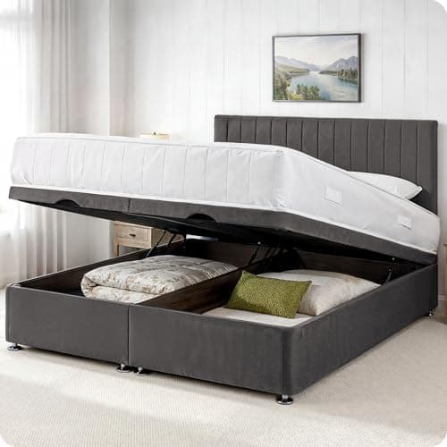 Image of Comfy Deluxe LTD Apollo Ottoman Bed Base - 4FT6 Double, Grey | Plush Velvet Divan Storage Bed Frame with 26 Inch Headboard | Gas Lift Foot-End Opening | No Mattress Included | UK Made