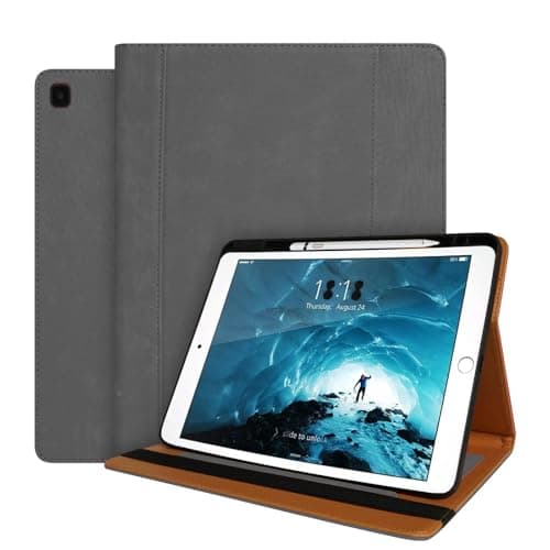 Image of World biz Leather Case for iPad Pro 12.9 Inch 2017/2015 (Old Model, 1st and 2nd Generation), Premium Leather Multi-Angle Viewing Stand Cover with Pencil Holder & Card Slots, Auto Sleep/Wake, Grey