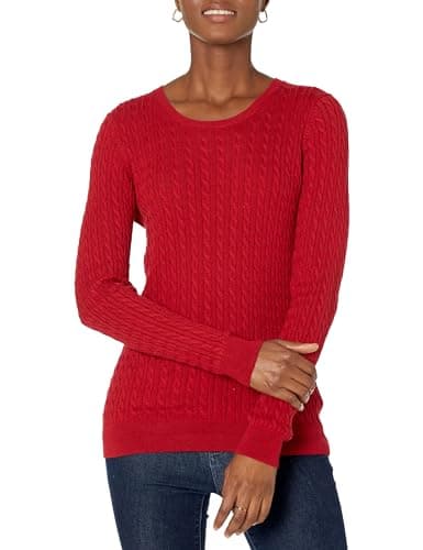 Image of Amazon Essentials Women's Lightweight Cable Knit Long-Sleeve Crewneck Jumper (Available in Plus Size), Red, M