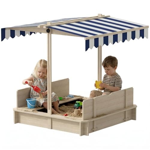 Image of Outsunny Kids Wooden Sand Pit with Lids, Children Sandbox Height Adjustable Canopy for Garden, Convertible Bench Outdoor Garden Playset, Blue and White Canopy
