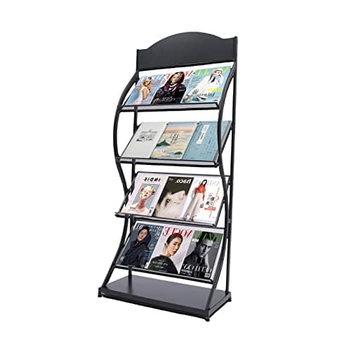 Image of Wisteriariy Floor Standing Magazine Display Rack, 4-Tier Brochure Display Stand, Iron Leaflet Literature Newspaper Display Stand for Reception Rooms Exhibition Trade Show Office Hotel (Black)