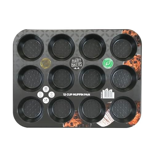 Image of Hairy Bikers Bakeware, 12 Cup Muffin Tray, Non-Stick Coating, PFOA Free, Oven Safe, Dishwasher Safe, Freezer Safe, Black