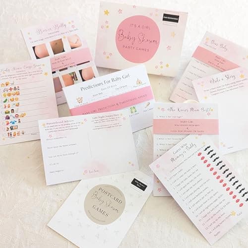 Image of Baby Shower Games Girl Pink Bundle- 9 Games Including Keepsake Cards Boxed Neutral, Unisex 10 Player Party Pack (Its a Girl)