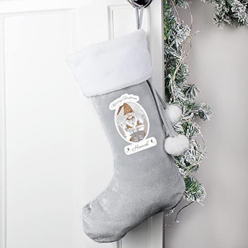 Image of Custom Personalised Christmas Gonk Luxury Silver Grey Stocking with pom poms