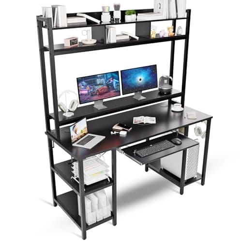 Image of HYPIGO Desk with Hutch, 70 inch High 53 inch Width, Heavy Duty Computer Desk with Keyboard Tray and Storage Shelves Bookshelves, Easy Assemble - Color Black
