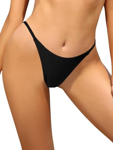 Image of SHEKINI Womens Low Rise Thong Bikini Bottoms V Cut Ruched Swim Bottom Cheeky Brazilian Swimwear High Cut Swimsuit, Black, Medium