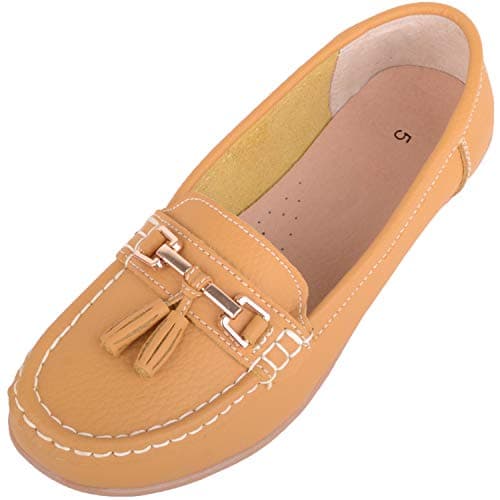 Image of ABSOLUTE FOOTWEAR Womens Slip On Casual Leather Loafer/Deck/Boat Shoes/Sandals - Mustard - UK 6
