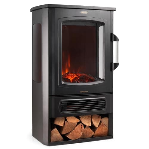 Image of VonHaus Panoramic Stove Heater with Log Storage – 3-Sided Electric Fireplace with LED Flame Effect – 2000W – Freestanding and Portable w/Overheat Protection – 2 Heat Settings