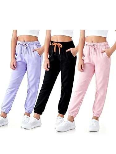 Image of SOIBEEN Girls Sweatpants Elastic Drawstring Sports Jogging Trousers for Kids Casual Pants Solid Color Joggers with Pockets 9-10 Years