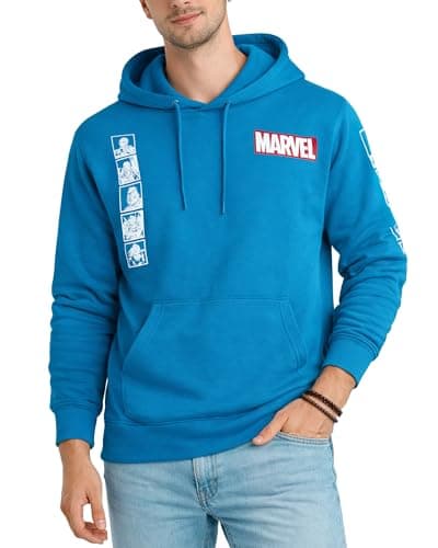 Image of Marvel Men s Avengers Fleece Hoodie Sweatshirt Retro Iron Man, Hulk, Captain America, Thor, Spider-Man, Size Small, Marvel Blue