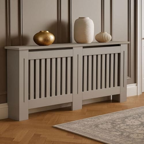 Image of Neo Grey Decorative Radiator Cover Cabinet Wood Panel Slatted Front Compact Heater Design Console Table (Large H83.3 x W152 x D19 cm)