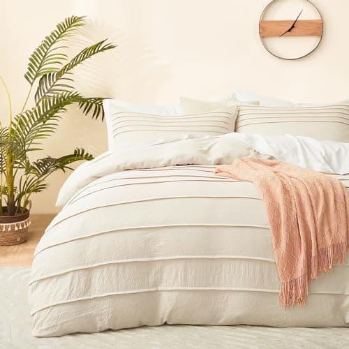 Image of DJY Beige Duvet Cover King Size -Boho Pleated King Quilt Set, 3PCS Soft and Breathable Textured Bedding Set with Zipper Closure (Beige, 230x220cm)