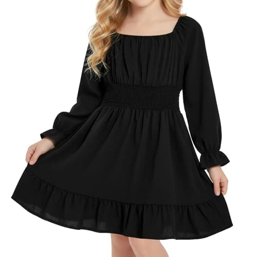 Image of JiAmy Girls Dress Square Neck Long Sleeve A-Line Swing Dresses Kids Casual Elegant Birthday Party Princess Clothes for Girl 13 Years Black