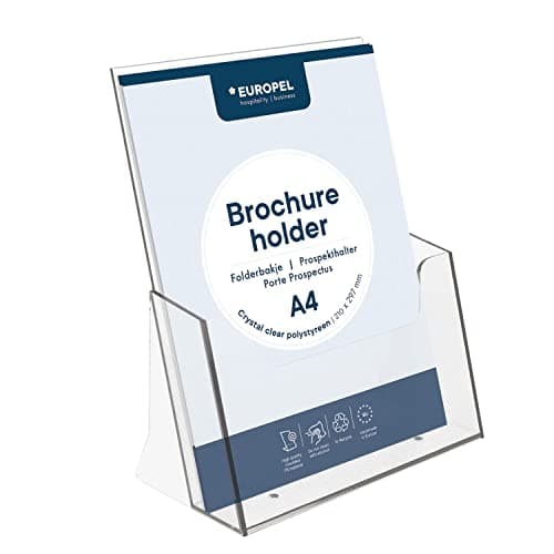 Image of EUROPEL Leaflet & Brochure Holder | For A4 Size Literature | Crystal Clear Acrylic Construction | Booklet, Flyer & Menu Display & Dispenser for Office, Restaurants & Reception | Portrait | Clear