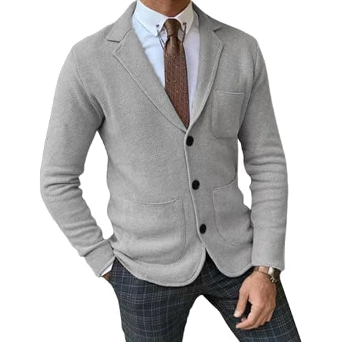Image of Gsywaipei Men's Suit Knitted Jacket Button Lightweight Blazers Suits Coat Casual Knit Blazer Suit Jackets, Light Grey, XL
