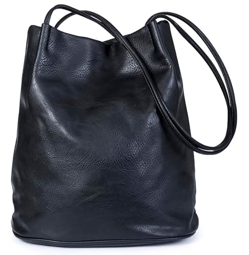 Image of Mabel London Women's Fashion Designer Medium Size Plain Soft Vegan Leather Hobo Bucket Tote Shoulder Bag - Delilah (Black)