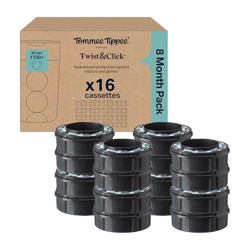 Image of Tommee Tippee Twist & Click Advanced Nappy Bin Original Refill Cassettes Exclusive Pack of 16 10.5 Meters Each, Easy, Affordable Refill, 16 x 10.5 m
