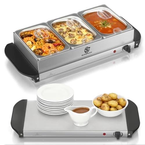 Image of SUPERLEX 3 Pan Food Warmer Buffet Server 3 x 1.5L Stainless Steel Buffet Trays with Lids Electric Hot Plate 200W Adjustable Temperature Control Portable Buffet Warmer for Home Party Catering Kitchen