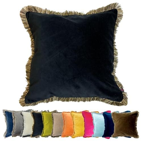 Image of Ragged Rose Felicity Fringe Velvet Cushion Cover - 50cm x 50cm Covers with Zip-Fastening - Living Room & Bedroom Accessories - Black
