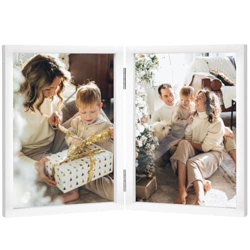 Image of Double Photo Frame 5x7 Hinged Folding Wood Picture Frame with Glass Front Stand Vertical on Desktop White