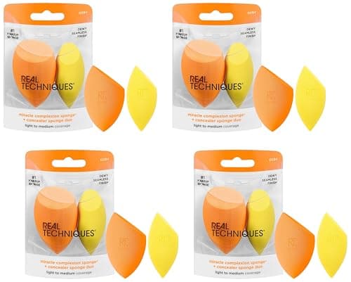 Image of Real Techniques Miracle Complexion Sponge + Concealer Sponge Duo, Makeup Blending Sponges For Foundation & Concealer, Offers Light To Medium Coverage, Natural, Dewy Makeup, Latex-Free Foam 2 Count