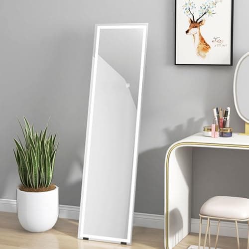 Image of HOMCOM Full Length Mirror with LED Lights, 150x40cm Floor Mirror, Free Standing, Wall Mounted or Leaning, Full Size Body Mirror with Dimmable and 3 Colour Lighting for Bedroom, 33W, White