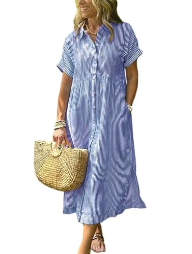 Image of ebossy Women's Boho Striped Shirt Dress Button Up Side Slit Loose Mid Long Cotton Dress with Pockets, Blue, L
