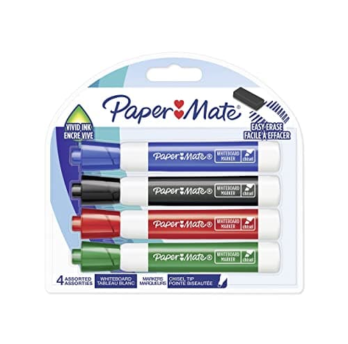 Image of Paper Mate Low Odour Whiteboard Markers, Chisel Tip, Assorted Ink Colours, 4 Count