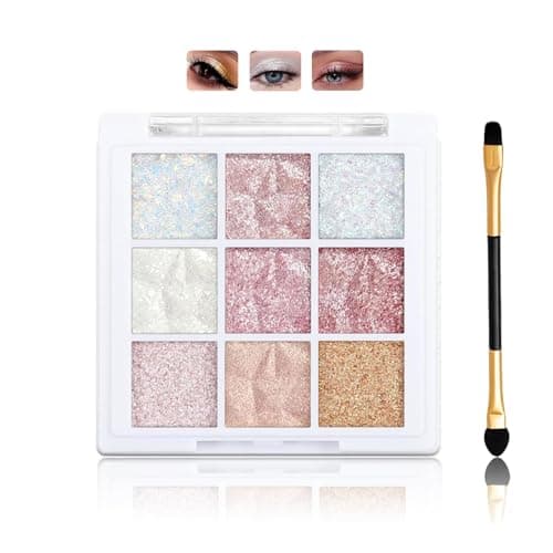 Image of 9-Color Shimmer Eyeshadow Palette – White & Pink Glitter Shades, Creamy Texture, Waterproof, Highly Pigmented Sparkly Makeup for Women, Includes Brush