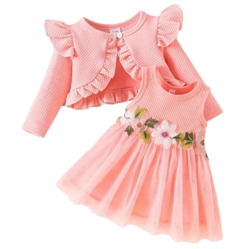 Image of DivingBirds Baby Girls Dress and Cardigan 2pcs Set Toddler Sleeveless Floral Print Butterfly Party Tulle Dresses Ruffle Long Sleeve Coat Autumn Winter Casual Clothes for 3-6 Months Pink