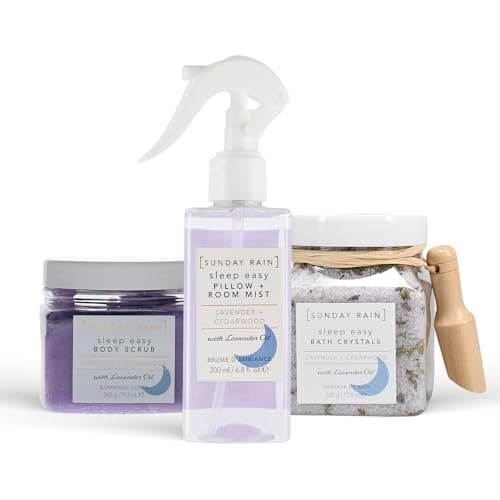 Image of Sunday Rain Sleep Easy Bundle, Luxury Relaxing Soothing Pillow and Mist Spray, 1 x 200ml, Bath Soaking Salts, 1 x 500g, and Polishing Body Scrub for Dry Skin, 1 x 265g, Vegan and Cruelty Free