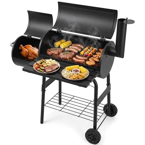 Image of Charcoal BBQ Drum Barrel Grill,2 in 1 Barbeque and Smoker, Large Portable Drum Barrel with Fold Down Shelves, Temperature Gauge, Wheels, Cooking Grill, Air Vents For Garden Outdoor Cooking