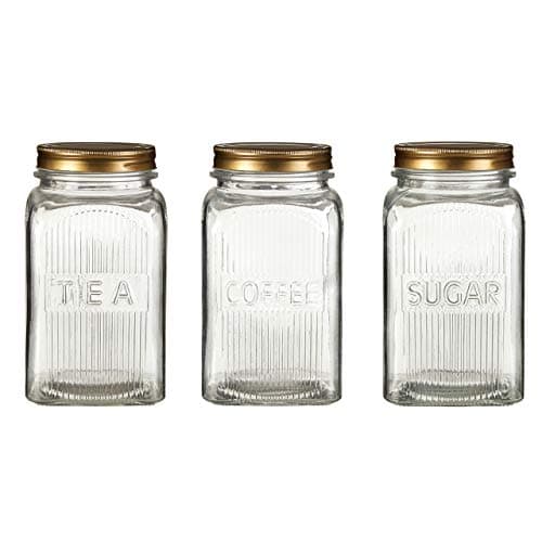 Image of Premier Embossed Clear Glass Jars, Gold Finish Metal Lids, Square, Set of 3