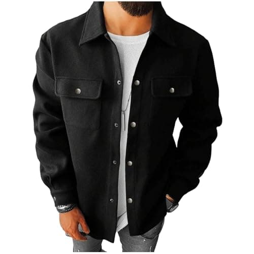 Image of Yolimok Warm Fall Jackets Men's Fleece Lined Shirt Button Down Long Sleeve Jacket Autumn Winter Coats with Flap Pockets Mens T Shirt Winter Jackets for Men Oversized Casual Shacket
