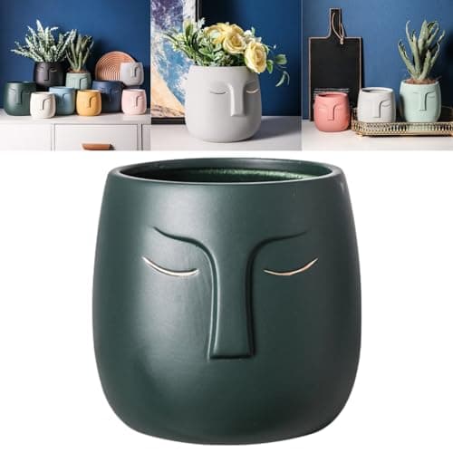 Image of Boxonly Face Planter (Forest Green, Small, With Hole, Without Tray) - Ceramic Plant Pot for Succulents, Flowers, and Small Plants - Nordic Minimalist Vase for Indoor and Outdoor Home Decor
