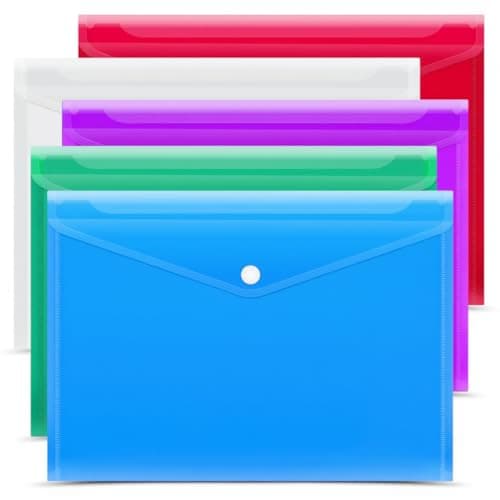 Image of 5 Assorted Color A4 Popper Wallets - Clear Plastic Paper Wallets for Document Storage and Office Organization Supplies - Lightweight Transparent Folders with Snap Closure