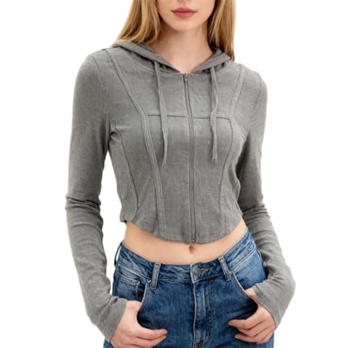 Image of Amazhiyu Womens Zip Up Hoodie, Womens Hooded Cropped Top Long Sleeves Stretchable Silm Fit Sweatshirts Grey