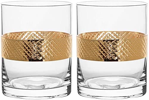 Image of Dibor Whisky Tumbler Glass Set of 2 - Old Fashioned Cocktail Glasses 400ml Gold Band Diamond Relief Embossed DOF Whisky Glass Tumblers Negroni Fathers Day Glassware Gift Idea (BW35)