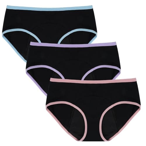 Image of HOTUT Teen Girls Knickers Period Pants Pack of 3 Soft Cotton Leakproof Menstrual Underwear Briefs Mid Waist Menstrual Panties for Teenage 10-16 Years Clean and Washable Black
