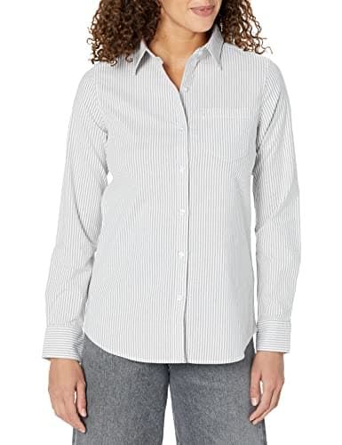 Image of Amazon Essentials Women's Regular Fit Long Sleeve Button Down Stretch Oxford Shirt (Available in Plus Size), Grey Stripes, S
