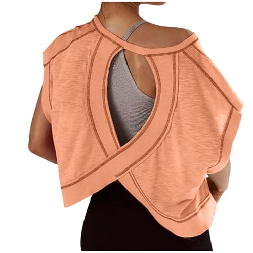 Image of Zeiayuas Womens Backless Workout Crop Tops Thin Cutout Open Back Sports T-Shirts Exercise Short Sleeve Blouse Casual Loose Running Tee Top Athletic Gym Yoga Shirt Activewear Orange