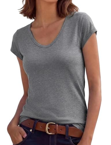 Image of Leversic Womens V Neck T Shirt Summer Tops Short Sleeve Plain Slim-Regular Fit Casual Blouse Soft Ladies Tunic Basic Tee(Grey,M)